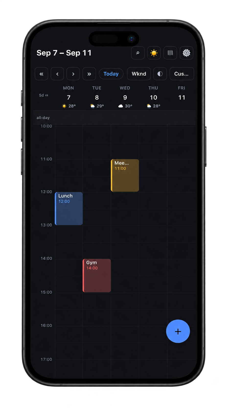 EasyCalendar week view displayed on an iPhone 17 Pro in dark appearance.