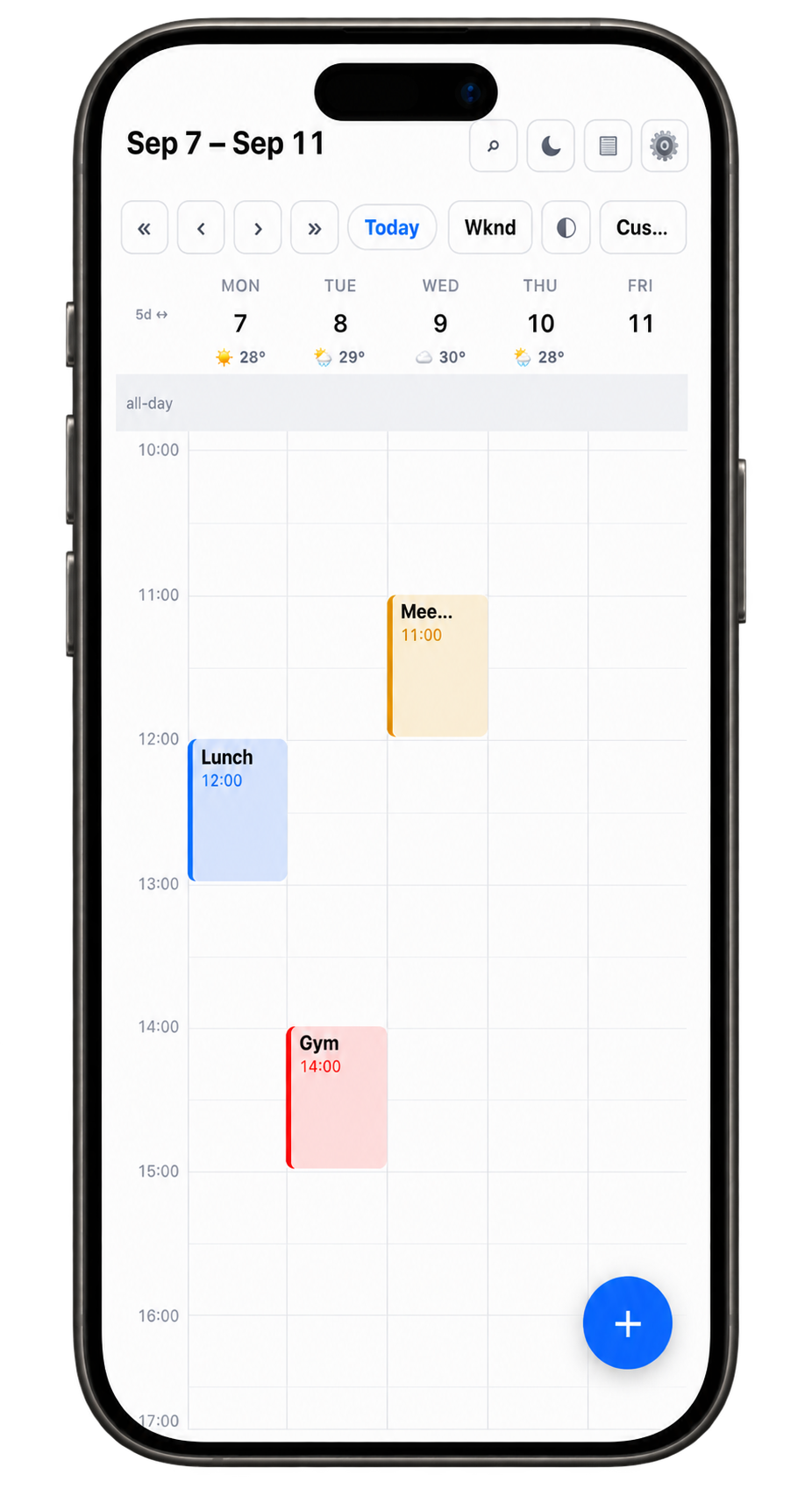 EasyCalendar week view displayed on an iPhone 17 Pro in light appearance.